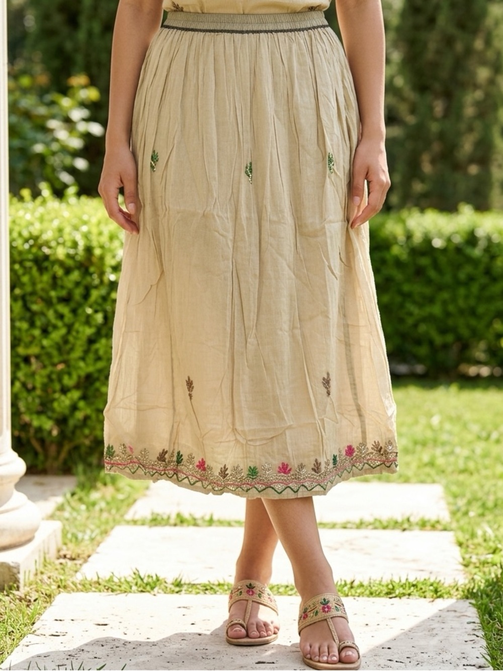 YOUNG THREADS Olive Khaki Embroidered Midi Skirt - Women size XL